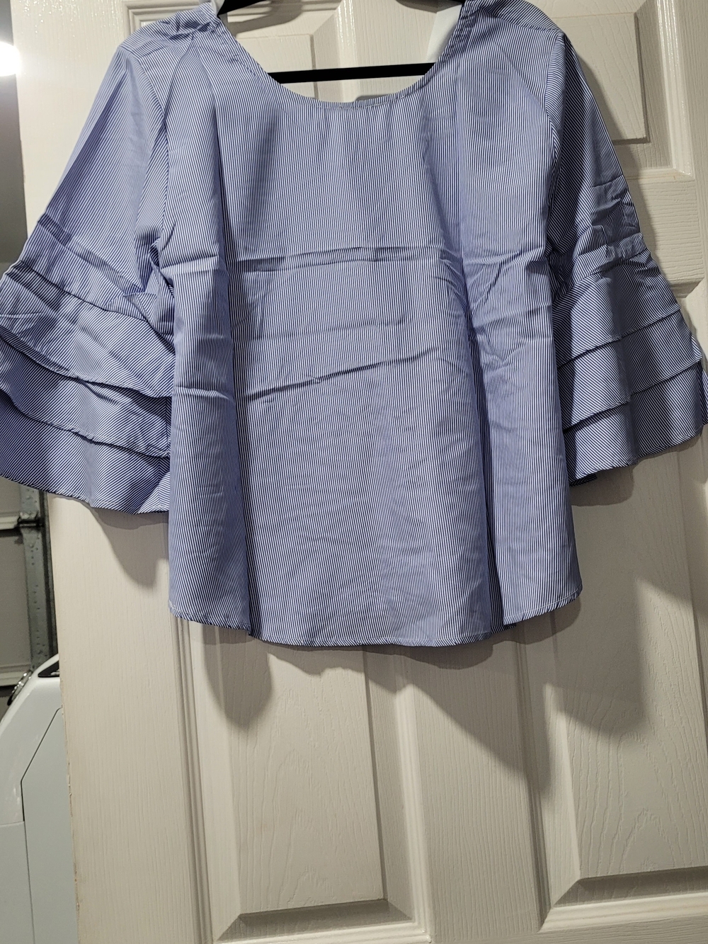 Women's Light Blue Pinstripe Ruffle Sleeve Top